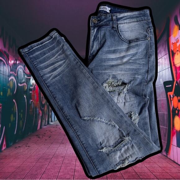 Blue Topic Rhinestone Studded Patch Distressed Denim Jeans Y2K Style - Size 9/10 - Picture 13 of 16